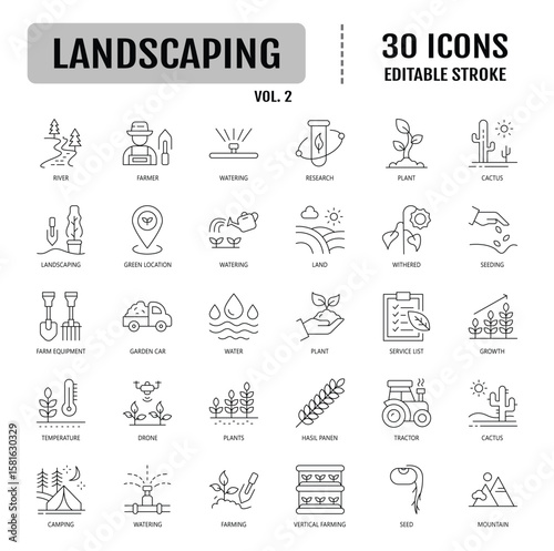 Landscaping line editable icon set. Editable stroke. Vector illustration