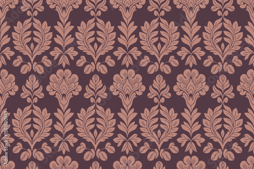 Stylish floral pattern in aubergine and salmon shades creates a sophisticated decorative repeat for various design applications.