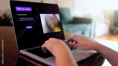 Hands creating digital video content with Artificial Intelligence on laptop in home office workspace