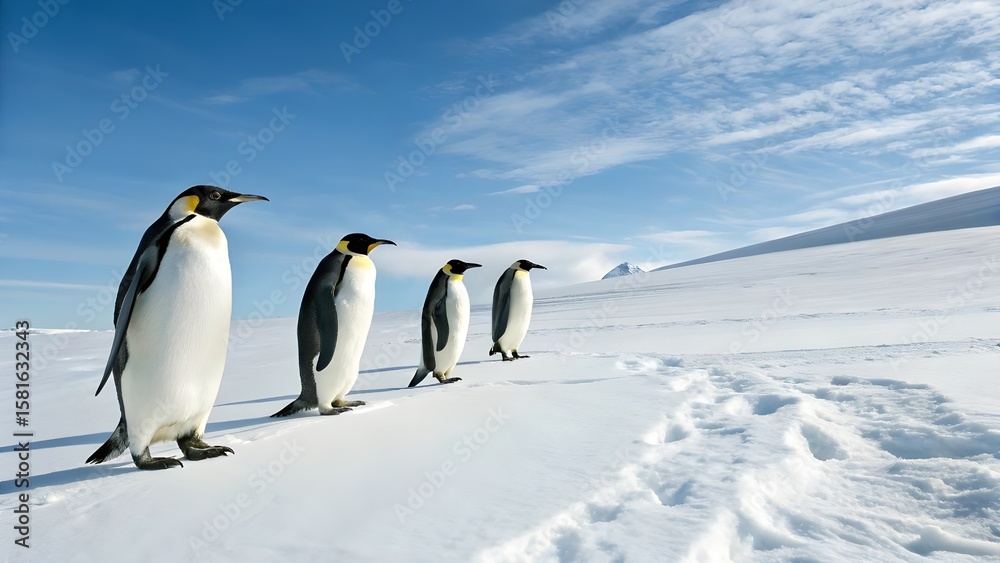 Obraz premium Stunning Emperor Penguins in Antarctica Snow Landscape Under Blue Sky