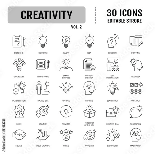 Creativity icon set. Containing inspiration, imagination, design, idea, creative, improvisation, sketching, brainstorming and more. Vector illustration