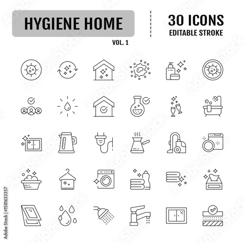 Hygiene icon set. Containing cleaning, disinfection, soap, bathing, sweep, shower, washing hands, clean and sanitation icons. Vector illustration