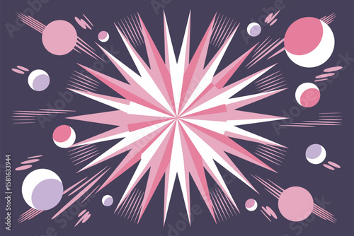 Abstract pink and white starburst with orbiting spheres on a dark purple background design style art