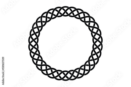 A black and white image of a circular pattern made of interwoven lines forming a ring design element
