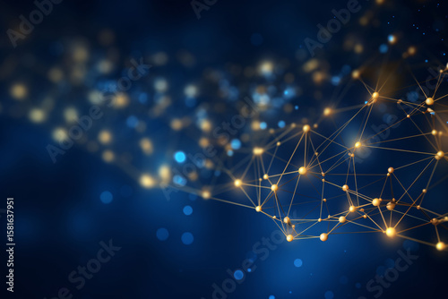 A close up of a network of connected golden nodes against a blurred blue and gold background
