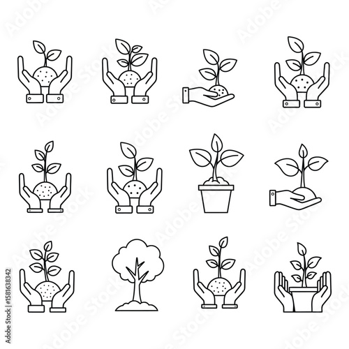 A collection of minimalist line drawings depicting hands nurturing plants and trees. This set includes various designs such as hands holding a globe with leaves, potted plants, and growing saplings. I