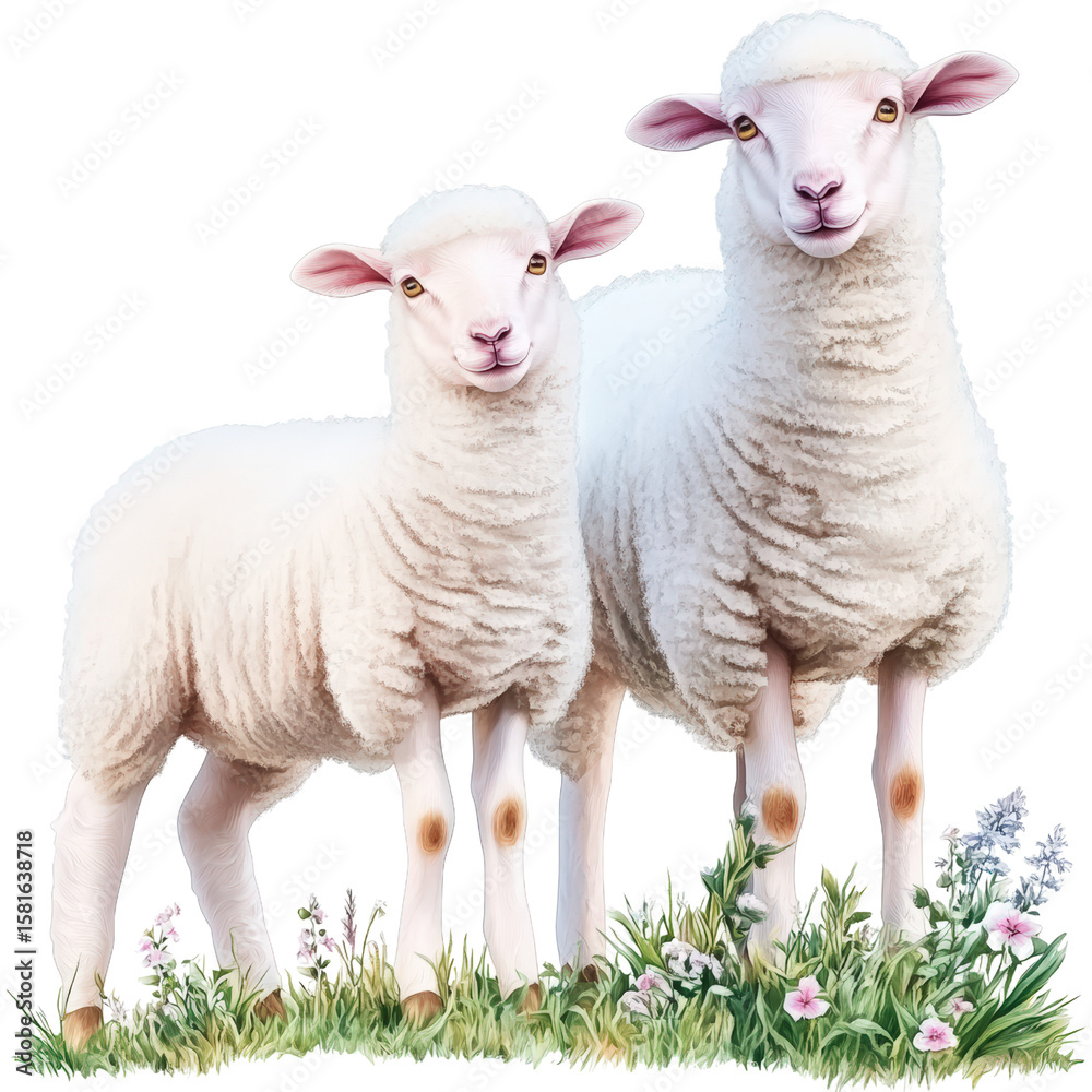 Fototapeta premium Two realistic wool sheep standing on green grass surrounded by flowers isolated on white background