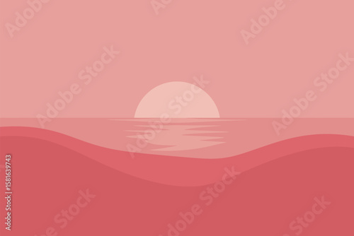 Calm ocean view under sunset, rendered with beautiful shades of pink offering a serene, tranquil scene ideal for background.