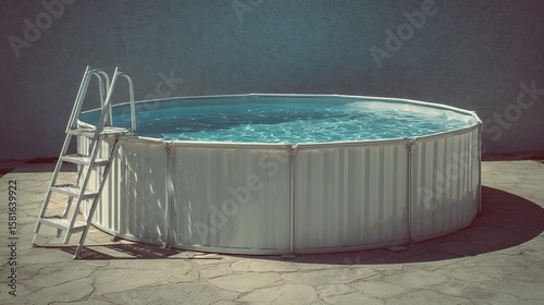 A white above-ground pool with a metal ladder, surrounded by a stone patio, inviting for summer relaxation.
