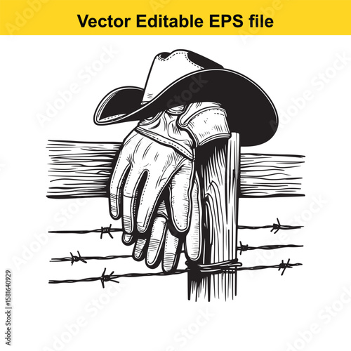 Cowboy hat and gloves resting on a wooden fence post