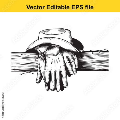 Cowboy hat and gloves resting on a wooden fence