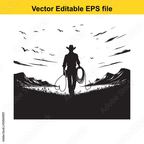 Cowboy silhouette walking with lasso against dramatic sky
