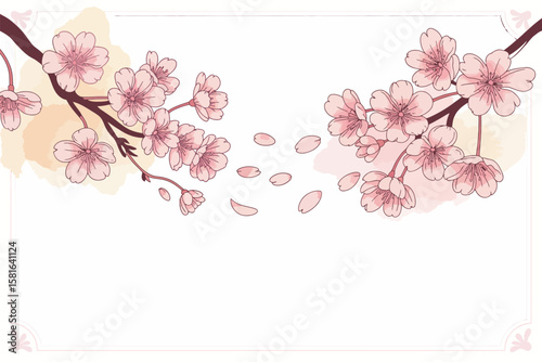 Gentle cherry blossom branches and petals on a pale background create a tranquil and delicate floral illustration.