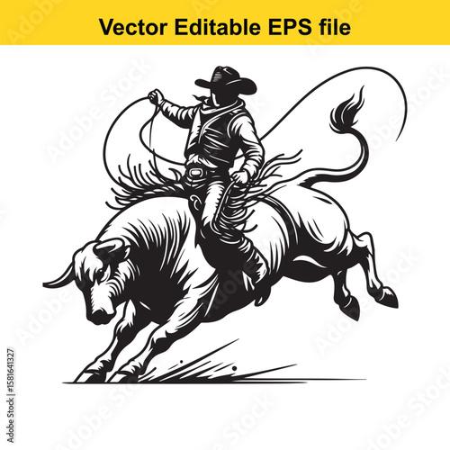 Cowboy riding a bucking bull in a rodeo