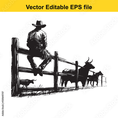 Cowboy sitting on fence watching cattle and horse