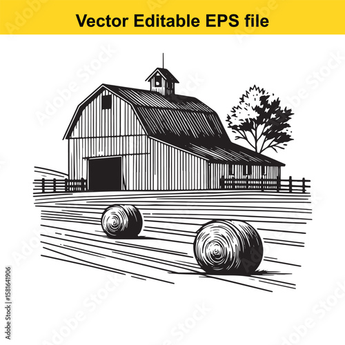 Barn with hay bales in a field