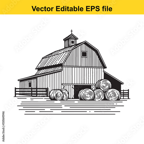 Barn with multiple hay bales in a field