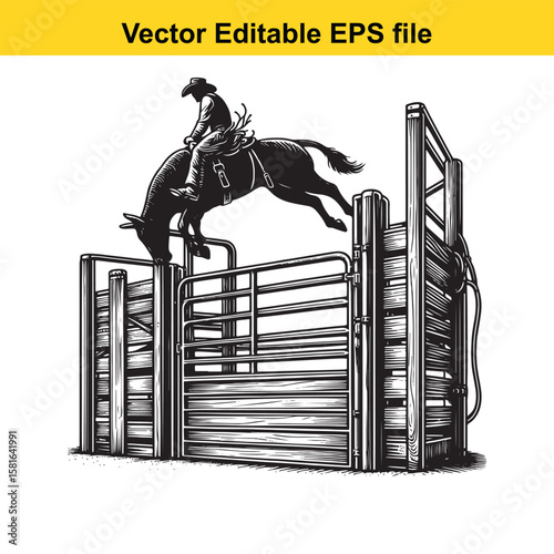 Cowboy riding a bucking horse in a rodeo arena
