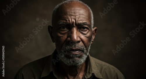 Elderly man in warm cinematic lighting with dark background