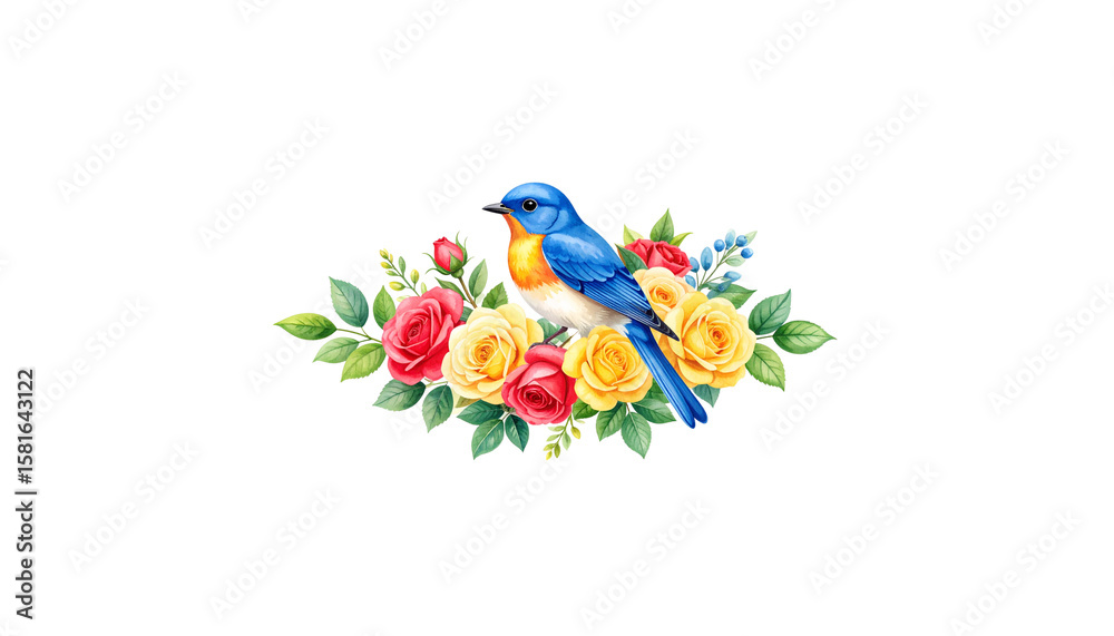 Obraz premium Bouquet of roses with birds on a branch isolated on white background 