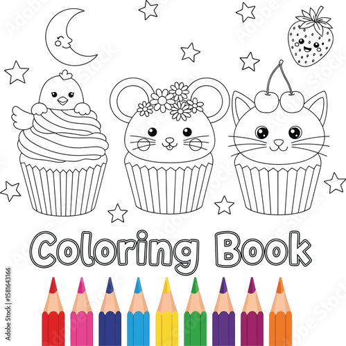 Kids coloring book Cute kawaii cupcakes vector illustration