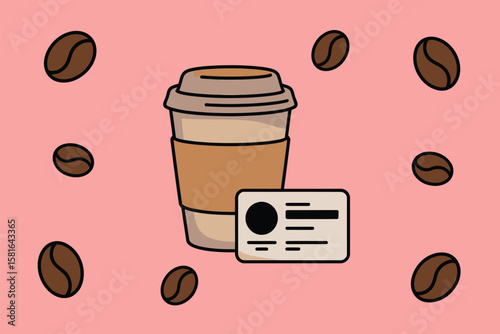 A delightful coffee concept showcasing a cup, a business card, and aromatic coffee beans scattered around in simple style.