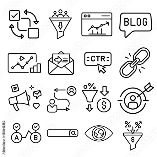 digital marketing icons for boosting blogs, sales funnels, and online visibility through SEO. Perfect for websites, presentations, and social media.