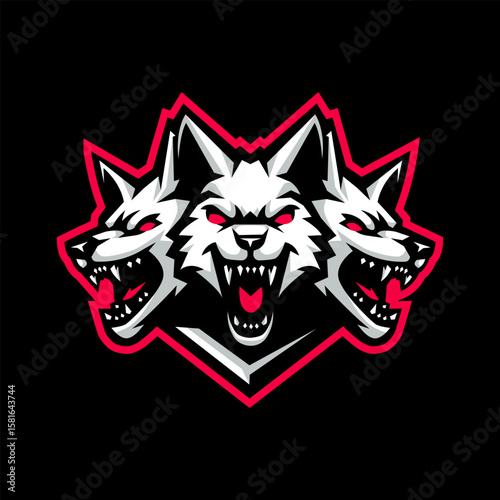 3 Angry Wolf Heads mascot sports logo