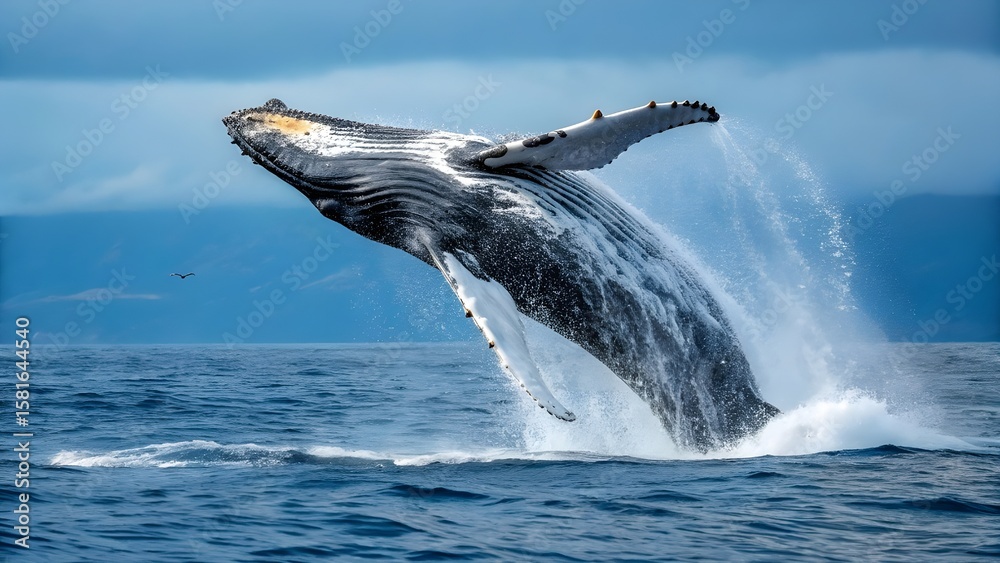 Fototapeta premium Majestic Humpback Whale Breaching Ocean Waves Under Blue Sky