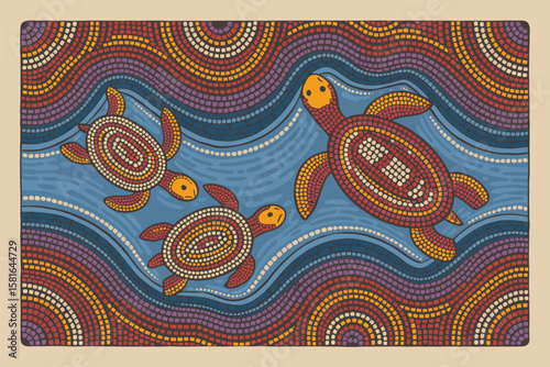 Vibrant aboriginal art showcases sea turtles swimming within swirling currents and colorful mosaic patterns.