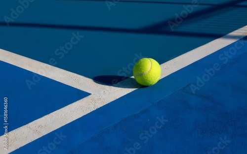 Single yellow tennis ball on blue court with white lines sports recreation
