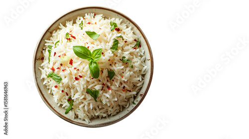 A top view of a bowl of white rice garnished with basil leaves and red pepper flakes on dark background