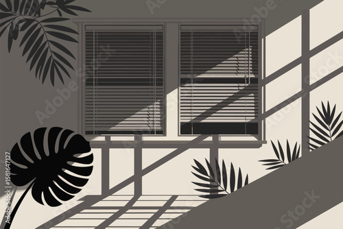 Serene indoor scene features palm leaves, a monstera, window blinds and contrasting shadows creating a tranquil and peaceful atmosphere.