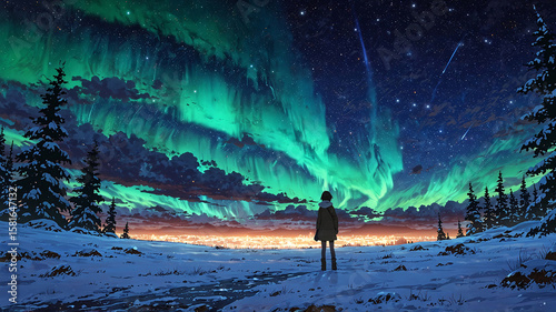 dreamy winter night in northern arctic with girl watching sky filled with aurora lights above anime nature aesthetic wallpaper background