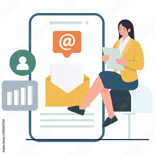Digital Business Illustration. Vector illustration of A woman checking digital letters on a tablet, representing email marketing and subscriber communication. Isolated on background