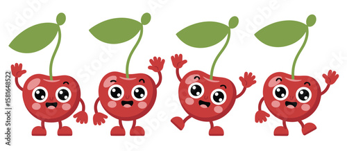 Four happy cartoon cherries with leaves and arms waving cheerfully