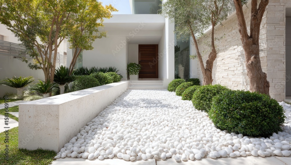 Obraz premium Modern home entryway with white stone walkway and landscaping