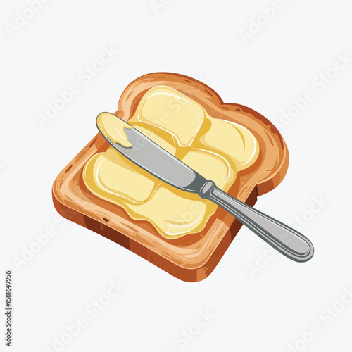 A slice of toasted bread with butter being spread by a knife