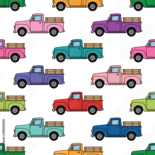 Seamless pattern of colorful vintage pickup trucks on a white background