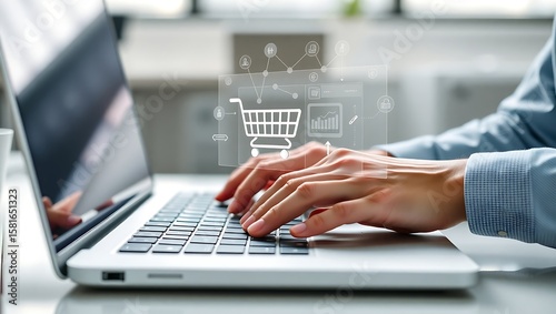 Person shopping online, hands typing on laptop keyboard, e-commerce interface.