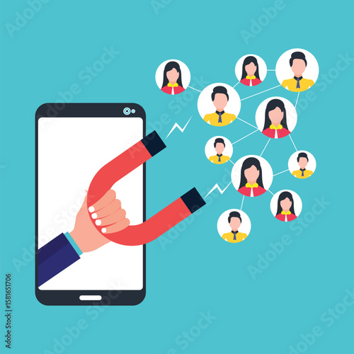 Smartphone with hand holding magnet attract new customers. Social media marketing concept