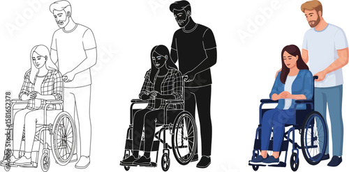 Man assists woman in wheelchair, showing caring and inclusivity in vector art.