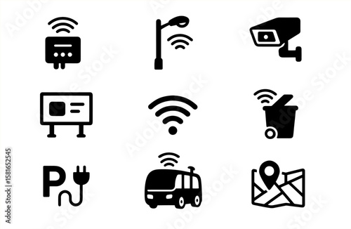 Set of smart city black solid icons. Wifi router, smart street light, surveillance camera, trash bin, electric parking, digital billboard, autonomous bus, gps map, wireless connection