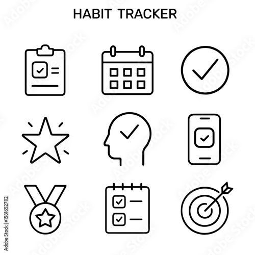Set of habit tracker outline icons with checklist, calendar, checkmark, goal target, mind focus, reward medal, star, and smartphone app