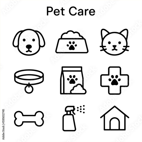 Set of pet care outline icons with dog, cat, food bowl, collar, pet food, veterinary cross, bone, spray bottle, and pet house