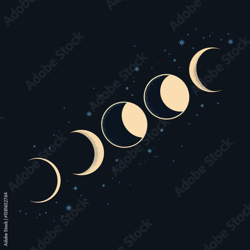 Celestial moon phases progression across a dark starry night sky