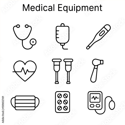 Set of medical equipment outline icons with stethoscope, iv bag, thermometer, heart monitor, crutches, otoscope, face mask, pills, and blood pressure monitor