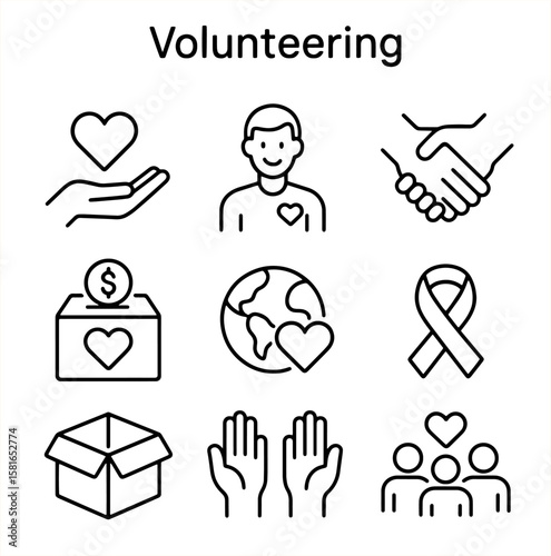 Set of volunteering outline icons with charity, donation box, heart care, handshake, support hands, ribbon, earth care, and community help
