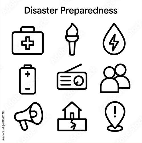 Set of disaster preparedness outline icons with first aid kit, flashlight, water drop, battery, radio, community people, megaphone, damaged house, and location marker