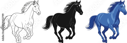 Three running horses display line art, black silhouette, and blue shading.